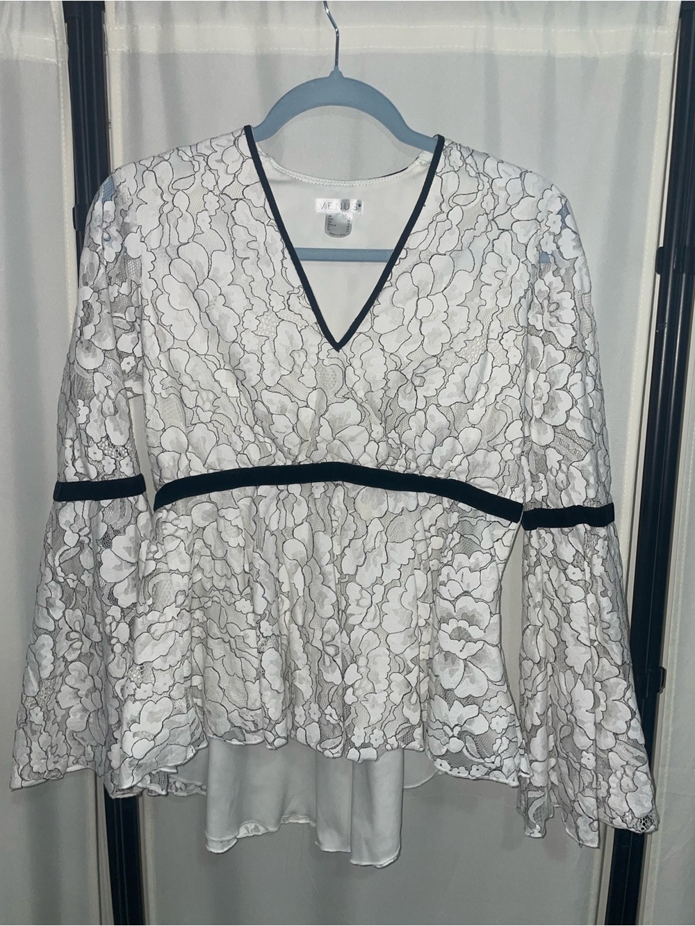 Venus White Floral Lace V-Neck Peplum Top with Black Trim